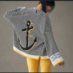 Maeve Black and White Striped Cardigan with Yellow Accents